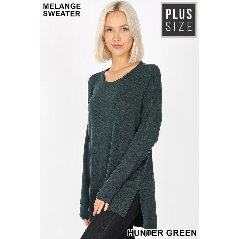 World of Leggings Brushed Melange Round Neck HI-LOW Plus Size Top